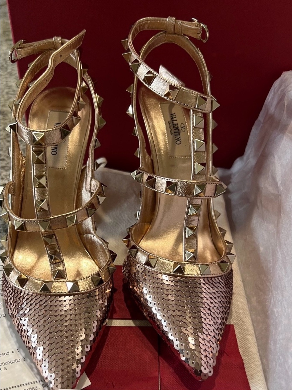 Valentino Rose Gold Sequin Rockstud Strappy Pointed-Toe Heels 39